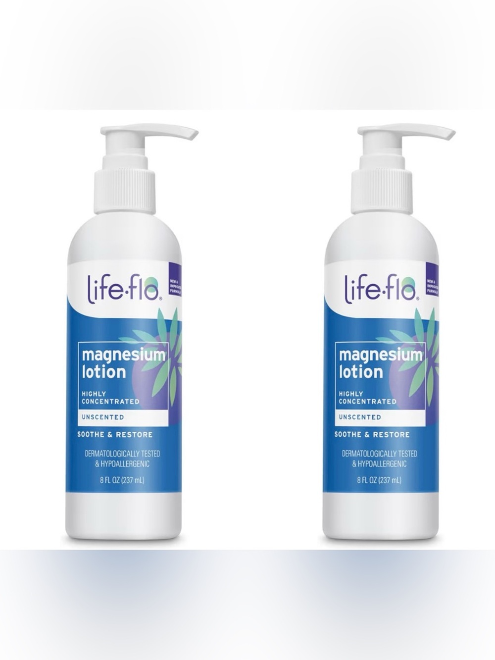 2 Bottles With Pumps Life Flo Magnesium Lotion Unscented Highly Concentrated